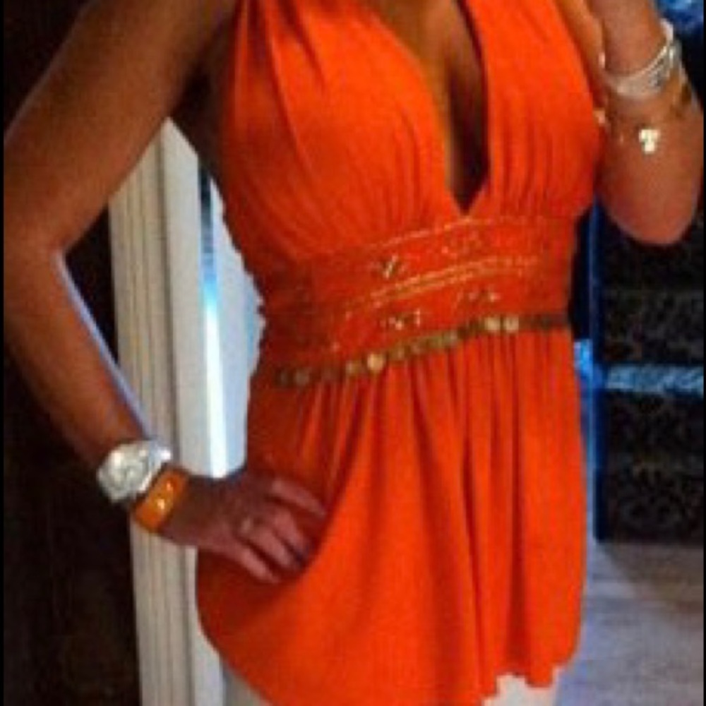 Orange Halter Top Beading & Gold Detail Vols! Sz M - Picture 5 of 5
